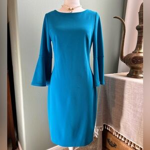 CALVIN KLEIN Teal Green Sz6 Bell Sleeve Sheath Knee Length Dress